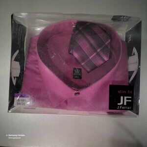 J. Ferrar Slim-Fit Hot Pink Dres Shirt & Tie Long Sleeve Button-Down 18-181/2
